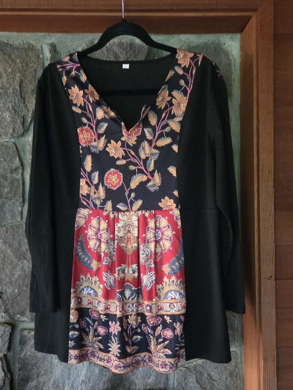 Black Tunic Top with Red & Gold Floral Panel